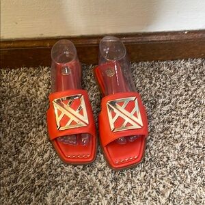 ANTONIO MELANI Vibrant Red Sandals with Silver Geometric Design